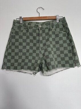 Bacio green checkerboard denim shorts (Size M)